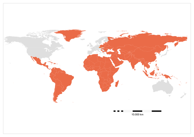 Geografische Darstellung der Länder mit einer Impfindikation für Hepatitis A. (© RKI, modifiziert nach CDC, NaTHNaC und ECDC) Geografische Darstellung der Länder mit einer Impfindikation für Hepatitis A.