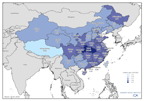 Provinzen in China mit den 2019-nCoV-Fallzahlen je 100.000 Einw. (Inzidenzen). Quelle: RKI