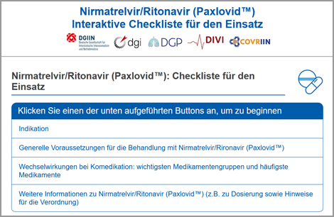 Nirmatrelvir/Ritonavir (Paxlovid™): Checkliste für den Einsatz. Quelle: Deutsche Gesellschaft für Internistische Intensivmedizin und Notfallmedizin