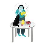 Eine Frau niest und steht vor einem Tisch mit Blumen, Erdbeeren und einer Katze. Quelle: RKI