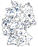 Praxis-Sentinel zu akuten respiratorischen Erkrankungen (ARE): Deutschlandkarte mit den Standorten der teilnehmenden Arztpraxen. Quelle: RKI