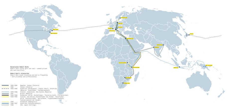 Reiserouten Robert Kochs: Robert Koch reiste gern und viel - sowohl privat als auch beruflich. Quelle: RKI