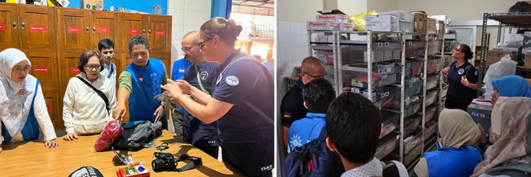 left: Hands-on exchange on technical solutions for EMT staff; right: visit to Gamping hospital. (© RKI) left: Hands-on exchange on technical solutions for EMT staff; right: visit to Gamping hospital.