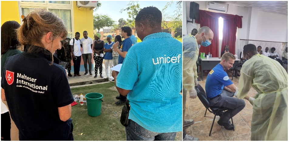 Gemeinsam mit lokalen Partnern von UNICEF führen spezialisierte Einsatzkräfte von Malteser International, RKI und ASB Trainings zu PSA und Herstellung und Verwendung verschiedener Chlorlösungen durch. (© RKI/Malteser International) Gemeinsam mit lokalen Partnern von UNICEF führen spezialisierte Einsatzkräfte von Malteser International, RKI und ASB Trainings zu PSA und Herstellung und Verwendung verschiedener Chlorlösungen durch.