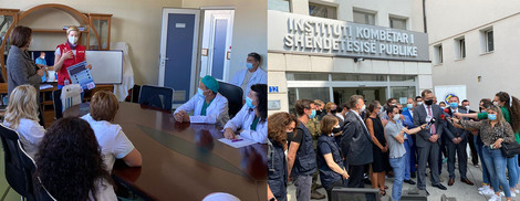 Links: Schulung zu COVID-19 Atemtherapie; Rechts: Pressestatements vor dem National Institute of Public Health of Kosovo, Pristina (Quelle: RKI)