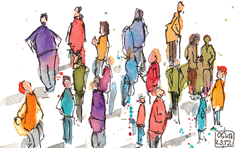 Painted colourful picture of a crowd. Source: @buntkatz