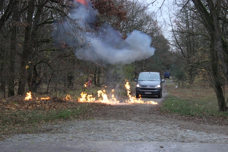 Picture from the HEAT course: Car in the forest with a trail of fire on the ground. (© RKI) Picture from the HEAT course: Car in the forest with a trail of fire on the ground.