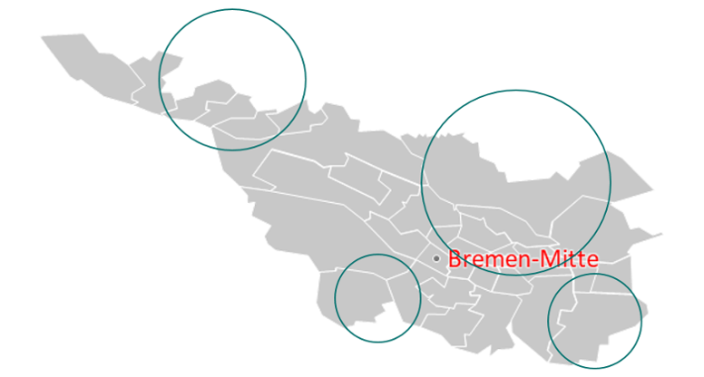 Abbildung 2: Stadtbereiche mit teilnehmenden Praxen in der Interventionsregion Bremen. Insgesamt nehmen 14 Praxen aus 14 Stadtteilen teil. In rot markiert: Schulungsort. (© RKI, erstellt mit iMapU) Abbildung 2: Stadtbereiche mit teilnehmenden Praxen in der Interventionsregion Bremen. Insgesamt nehmen 14 Praxen aus 14 Stadtteilen teil. In rot markiert: Schulungsort.